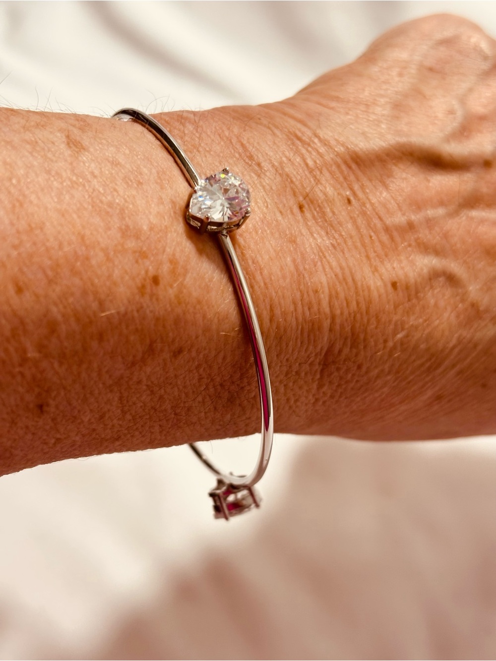 Silver tone Bangle Classic Bracelet w Pear Shaped Clear Stone Accent 2-3/4”diam
